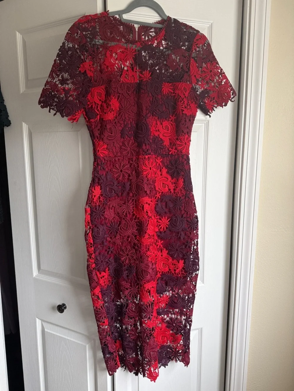 Lulus Season Of Joy Red Multi Lace Midi Dress - Size S - Picture 2 of 7